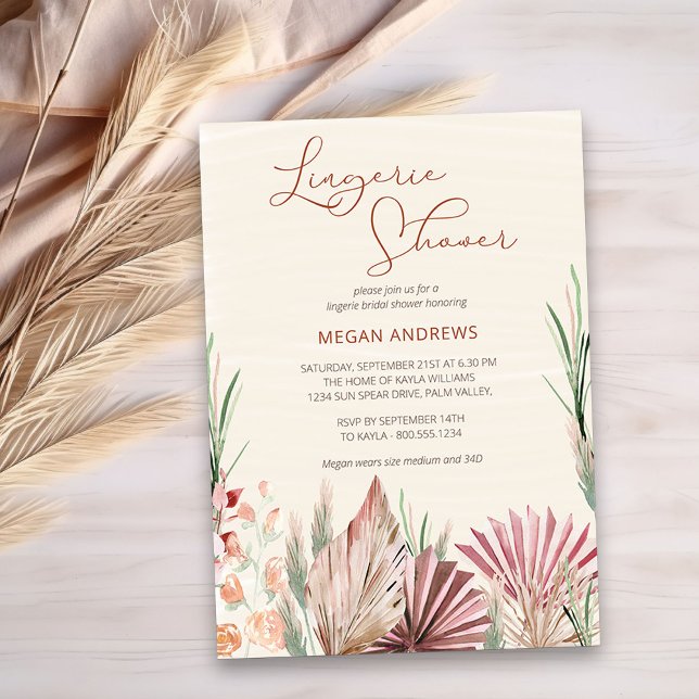 Invitation Boho Palm Séché Tropical Foliage Lingerie Douche (Lingerie Bridal Shower Invitation with boho dried foliage and flowers)