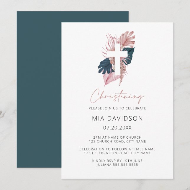 Invitation Boho Palm Vert Aquarelle rose Floral Christening (Devant / Derrière)