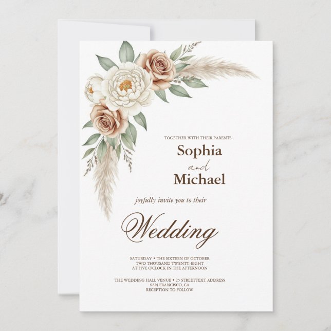 Invitation Boho Pampas Aquarelle en laiton Mariage Floral Inv (Devant)