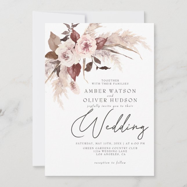 Invitation Boho Pampas Aquarelle Florale Automne Mariage d'hi (Devant)