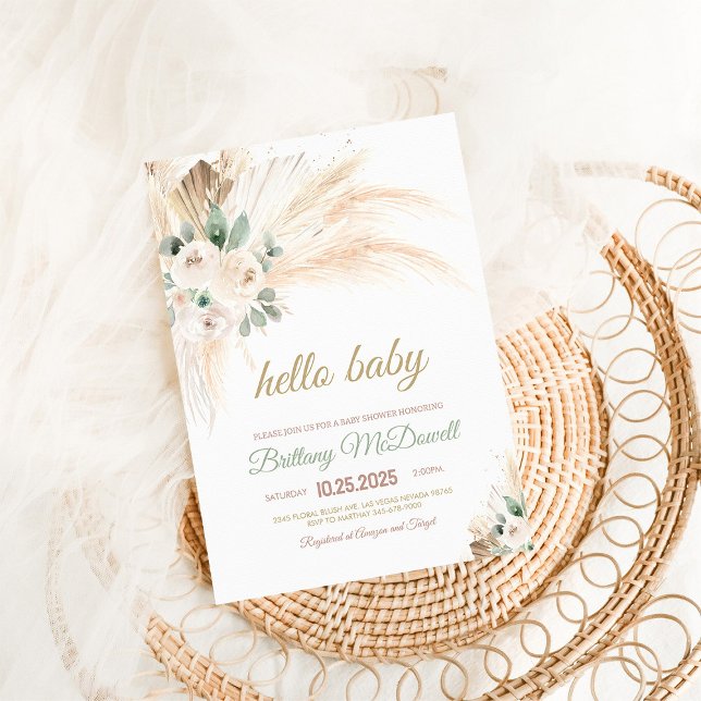 Invitation Boho Pampas Baby shower en herbe (Créateur téléchargé)