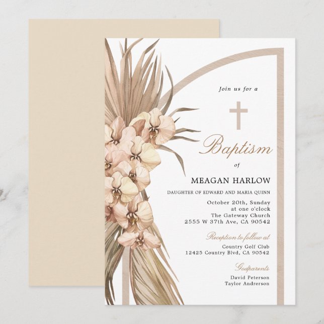 Invitation Boho Pampas Célébration du baptême bohémien (Devant / Derrière)
