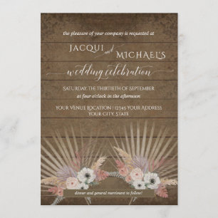 Invitation BOHO Pampas de bois rustique Grass Flore de palmie