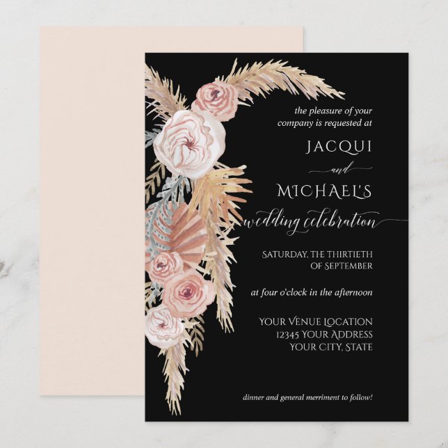 Invitation BOHO Pampas Feuillage de laiton Noir Blush Brown F (Devant / Derrière)