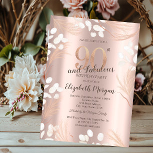 Invitation Boho Pampas Fleurs Rose Gold 90e anniversaire
