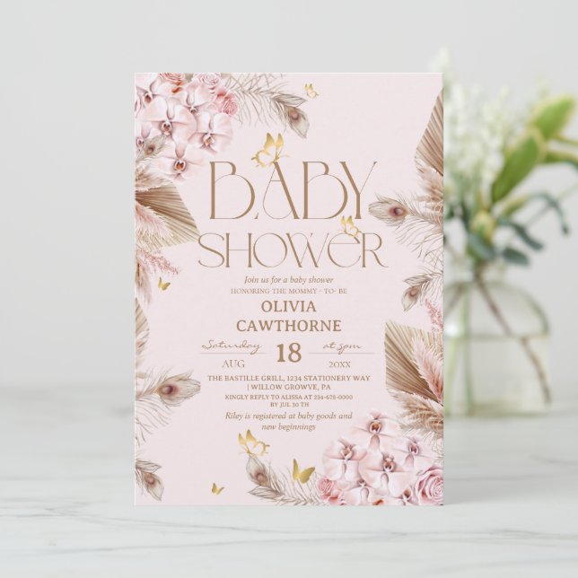 Invitation  Boho Pampas Grass  Baby Shower  (Debout devant)