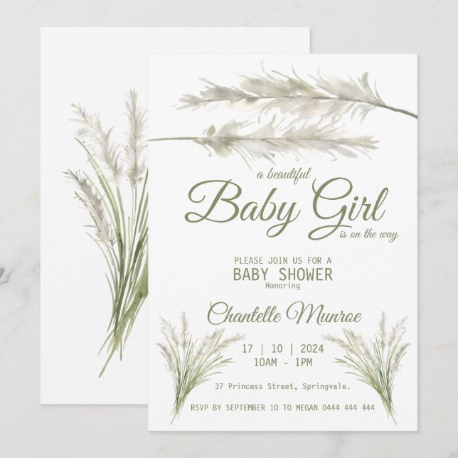 Invitation Boho Pampas Grass Baby shower bohème moderne (Devant / Derrière)