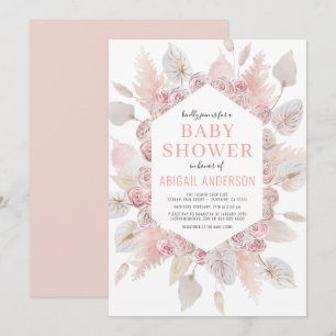 Invitation Boho Pampas Grass Baby shower Élégant Rose-Noir 