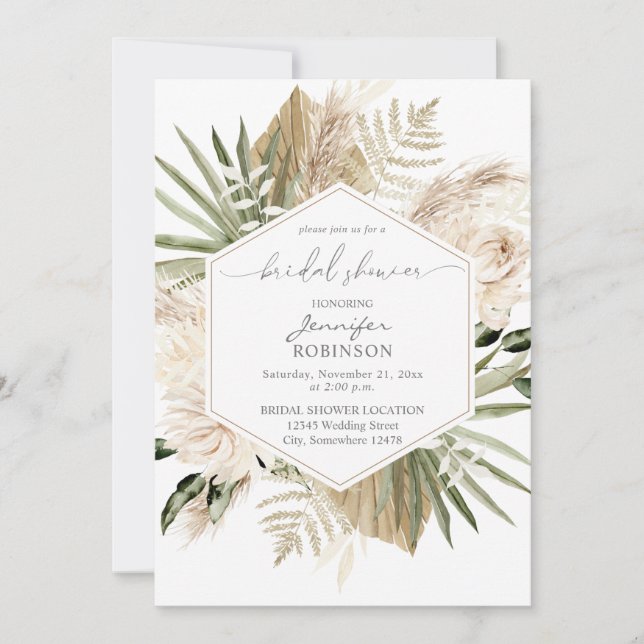 Invitation Boho Pampas Grass & Beige Floral Fête des mariées (Devant)