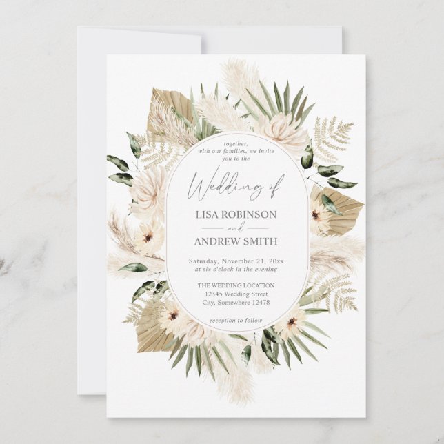 Invitation Boho Pampas Grass & Beige Floral Mariage (Devant)
