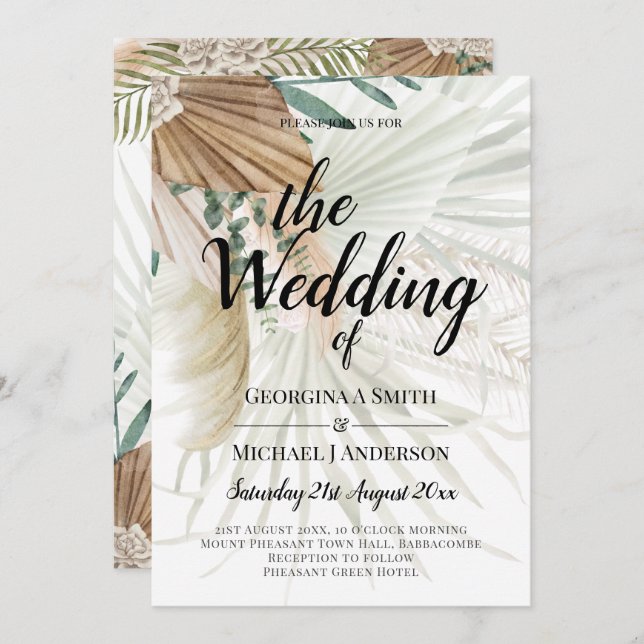 Invitation BOHO Pampas Grass Beige Vert Mariage en terre cuit (Devant / Derrière)