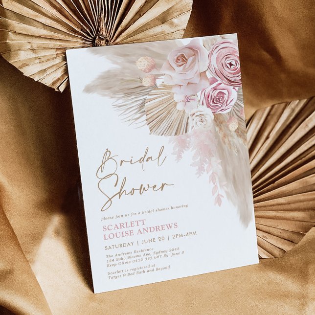 Invitation Boho Pampas Grass Blush Floral Fête des mariées (Créateur téléchargé)