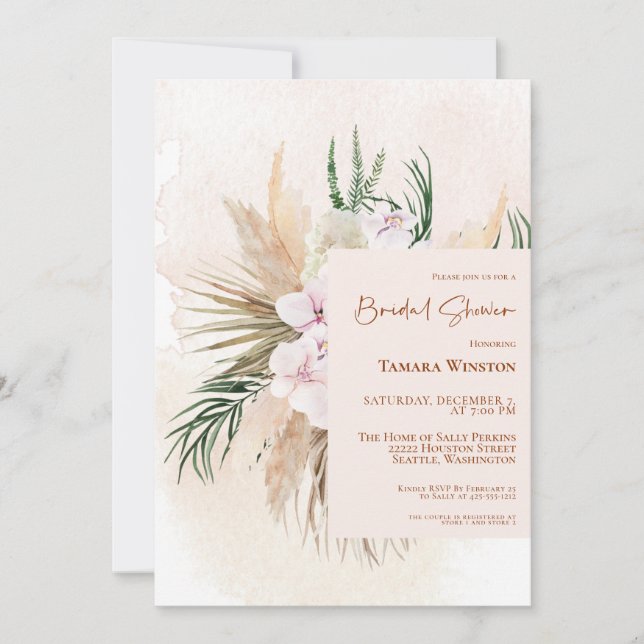 Invitation Boho Pampas Grass Blush Floral Fête des mariées In (Devant)