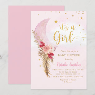 Invitation Boho Pampas Grass Blush Rose Girl Baby shower