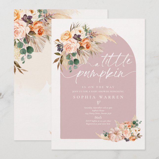 Invitation Boho Pampas Grass Citrouille Baby shower Dusty ros (Devant / Derrière)