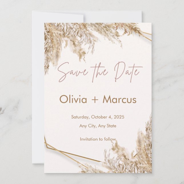 Invitation Boho Pampas Grass Enregistrer la date | Beige neut (Devant)