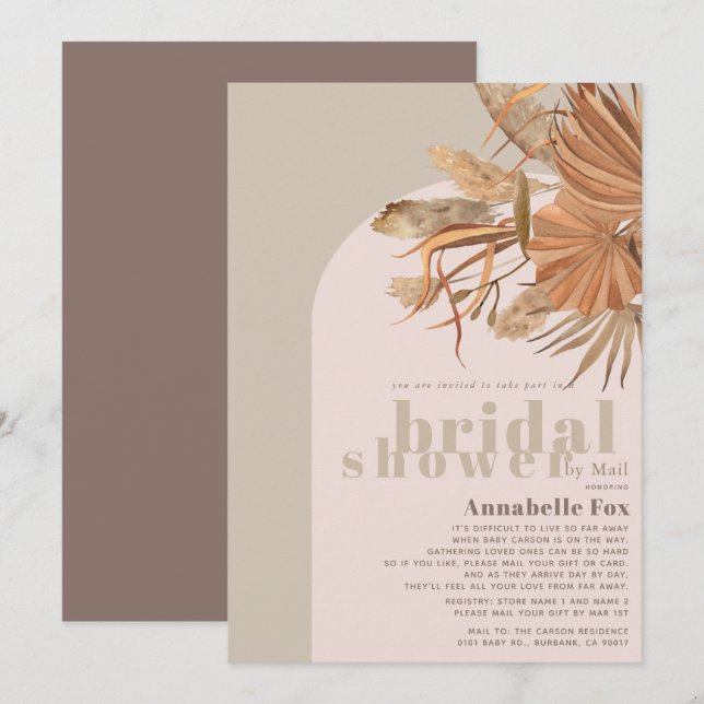 Invitation Boho Pampas Grass Fête des mariées par Mail Invita (Devant / Derrière)