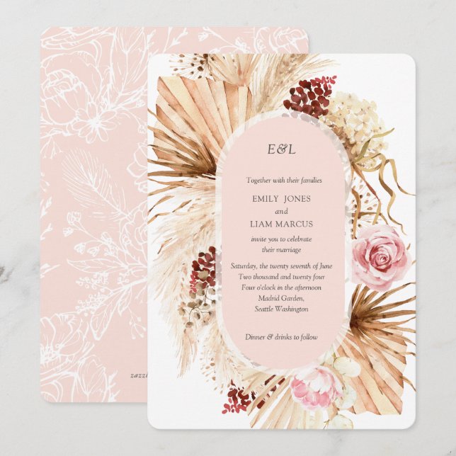 Invitation Boho Pampas Grass Floral Arch Blush PInk (Devant / Derrière)
