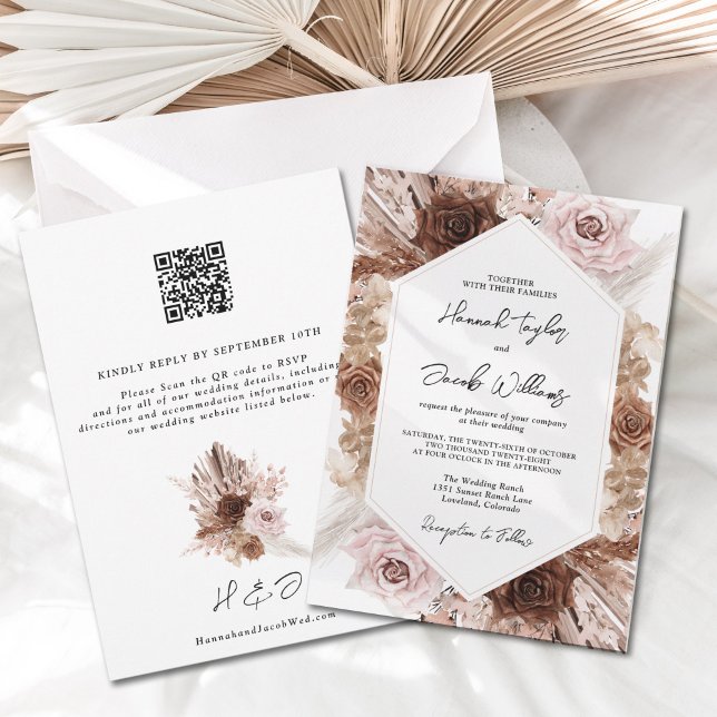 Invitation Boho Pampas Grass Floral QR Code RSVP Mariage (Créateur téléchargé)