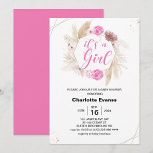 Invitation Boho Pampas Grass Girl Baby shower Fleurs roses