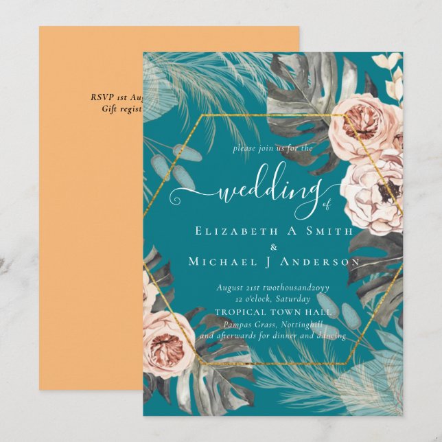 Invitation BOHO PAMPAS GRASS Mariage TROPICAL (Devant / Derrière)