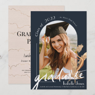 Invitation Boho Pampas Grass Navy Blue Arch Photo Graduation