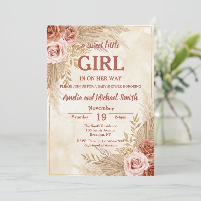 Invitation Boho Pampas Grass Oh Girl Baby Shower (Debout devant)