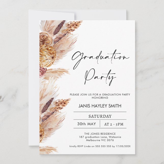 Invitation Boho Pampas Grass Photo Party Graduation (Devant)