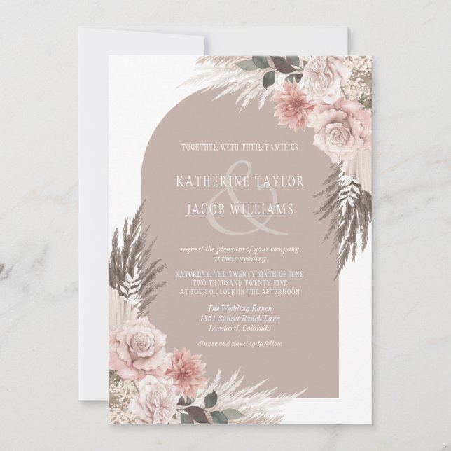 Invitation Boho Pampas Grass rose Mariage Floral (Devant)
