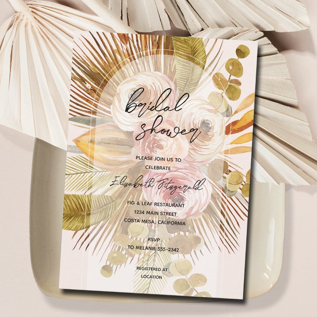 Invitation Boho Pampas Grass Roses Fête des mariées (Créateur téléchargé)