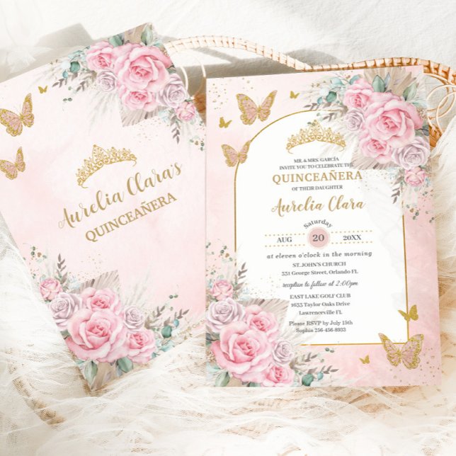 Invitation Boho Pampas Grass Roses Roses Fleur Quinceañera (Créateur téléchargé)