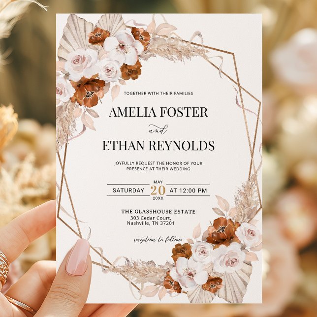 Invitation Boho Pampas Grass Terracotta Orange Floral Wedding (Créateur téléchargé)