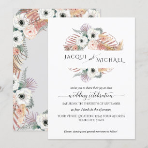 Invitation Boho Pampas Grass White Blush Floral Palm Folim Fo