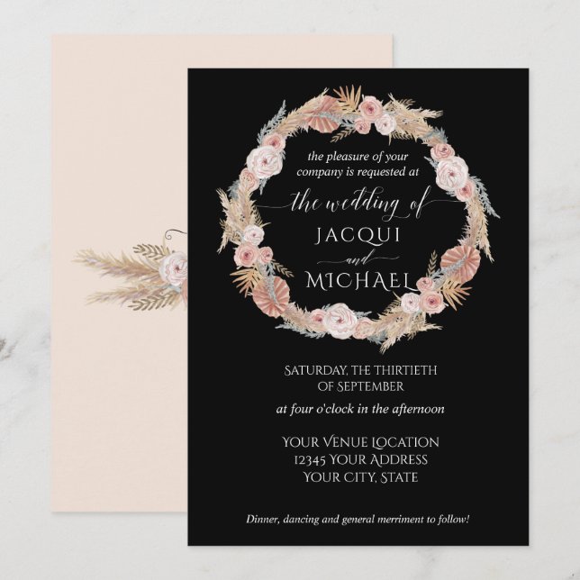 Invitation Boho Pampas Grass Wreath Tropical Black Floral (Devant / Derrière)