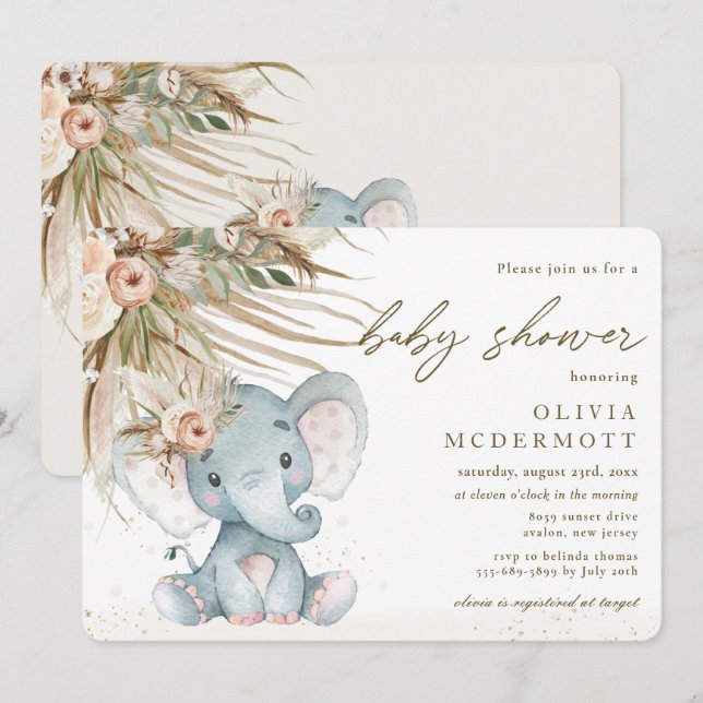 Invitation Boho Pampas Herbe Floral Elephant Baby shower (Devant / Derrière)