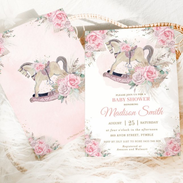 Invitation Boho Pampas Herbe Rose Floral Rocking Horse Baby (Créateur téléchargé)