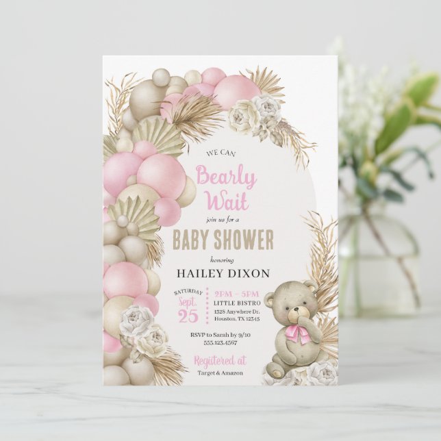 Invitation Boho Pampas Herbe Rose Teddy Baby shower Ours (Debout devant)