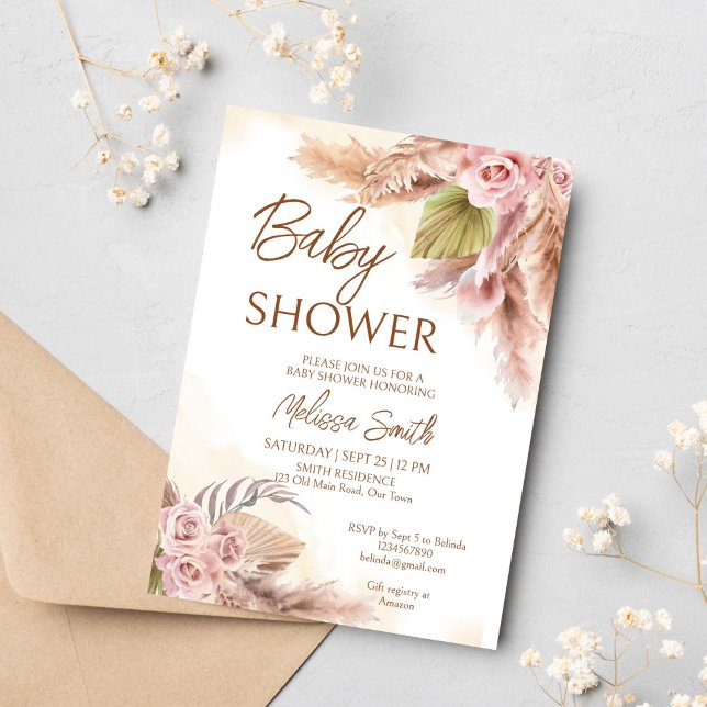 Invitation Boho pampas herbe sèche beige baby shower rose (Boho pampas dry grass earthy pastel cream roses baby shower invitation template instant download)