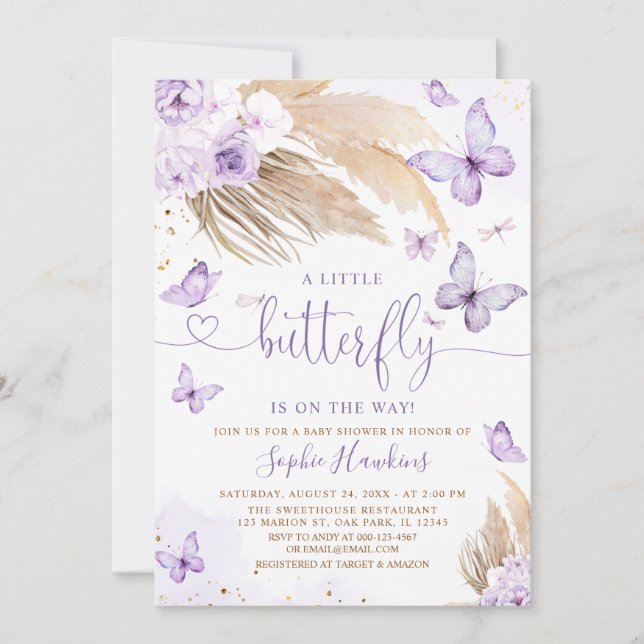 Invitation Boho Pampas Herbe Un Petit Baby shower Papillon (Devant)