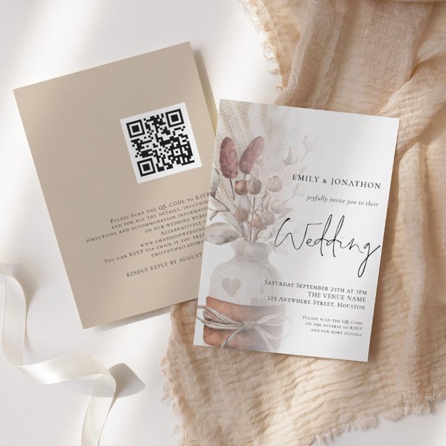 Invitation Boho Pampas Herbes Overlay Code QR Mariage (Créateur téléchargé)