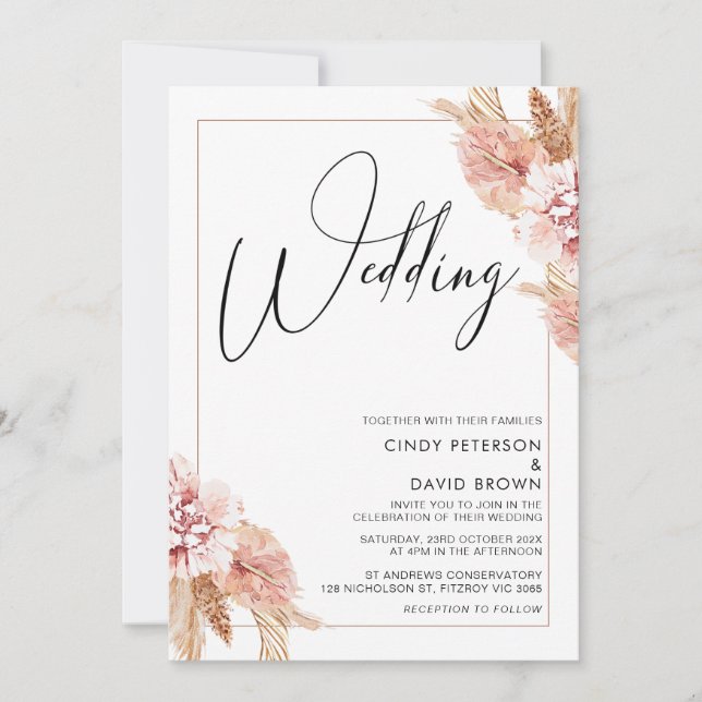 Invitation Boho Pampas Mariage de calligraphie de cadre en he (Devant)