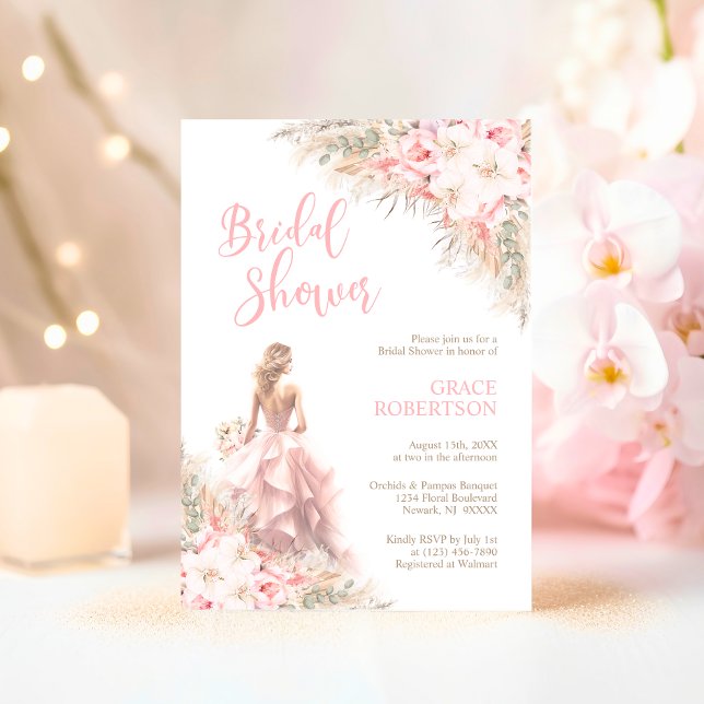 Invitation Boho Pampas Orchidées Peonies Robe Fête des mariée (Boho Pampas Orchids Peonies Dress Bridal Shower Invitation)