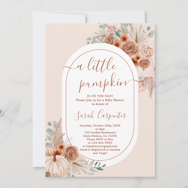 Invitation Boho Pampas petit Baby shower Citrouille fille (Devant)