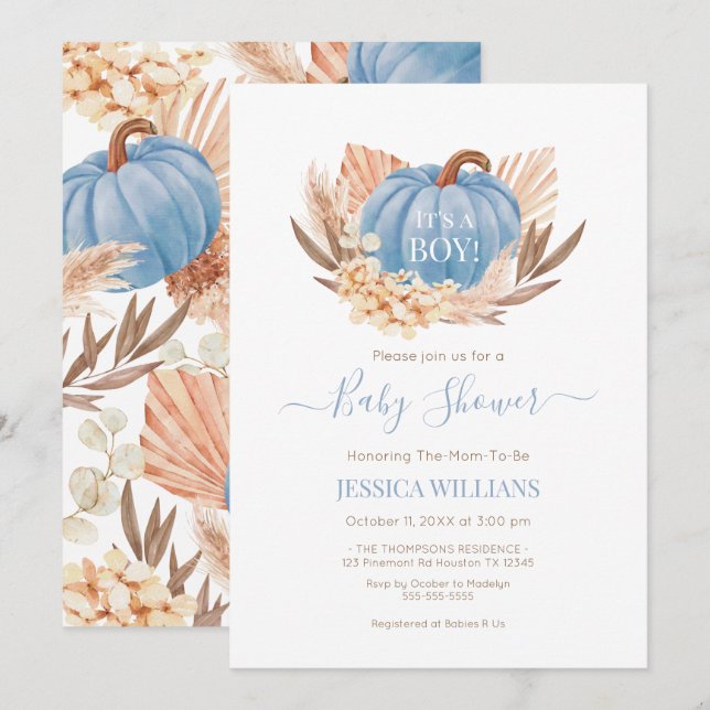 Invitation Boho Pampas Pumpkin blue baby shower (Devant / Derrière)