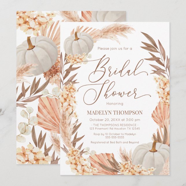 Invitation Boho Pampas Pumpkin White Bridal Shower (Devant / Derrière)
