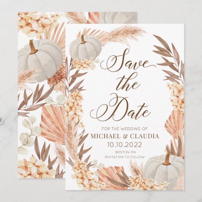 Invitation Boho Pampas Pumpkin White Fall Save the Date (Devant / Derrière)