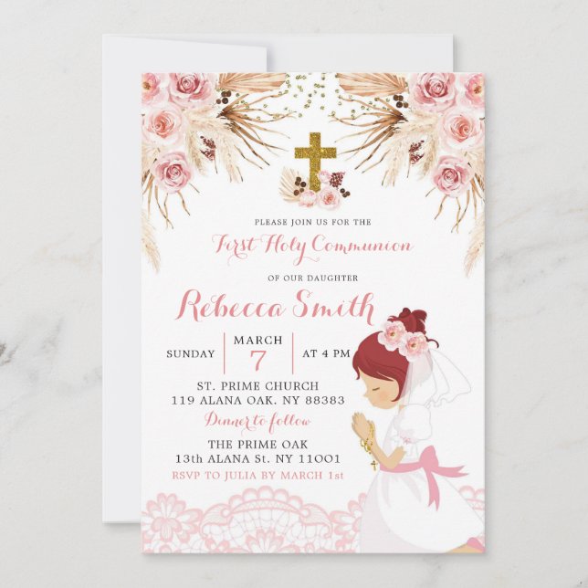 Invitation Boho Pampas Red Hair Girl First Communion (Devant)