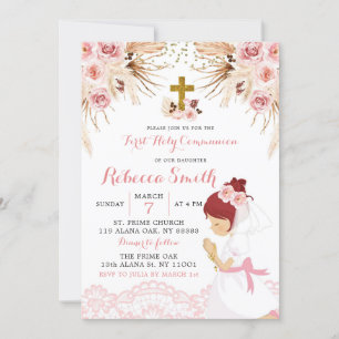 Invitation Boho Pampas Red Hair Girl First Communion