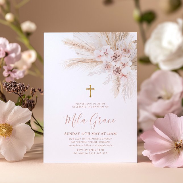 Invitation Boho Pampas Rose Girl Floral Baptism Christening (Boho Floral Girls Baptism Invitation with faux gold cross and pink flowers)