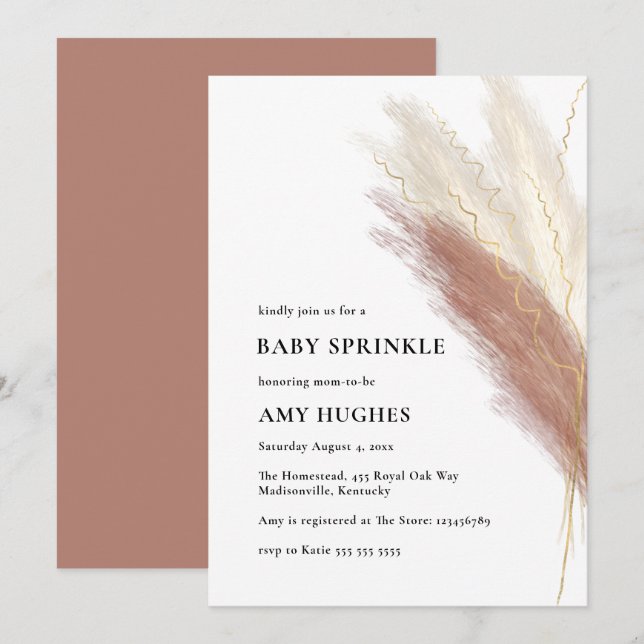 Invitation Boho Pampas Rose or Grass Baby Girl Sprinkl (Devant / Derrière)